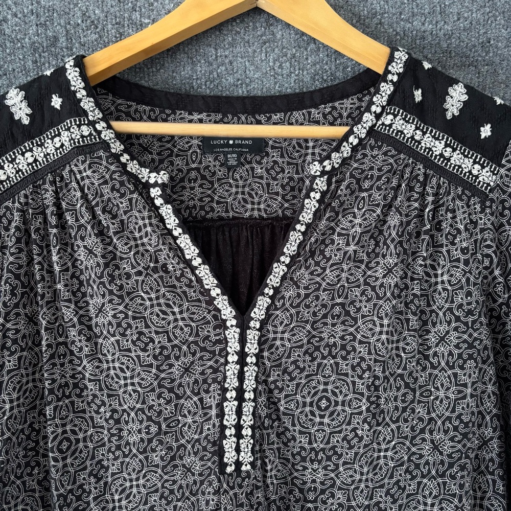 Lucky Brand Womens Embroidered Boho Long Sleeve Top Size 1X Black White Peasant - Picture 3 of 7